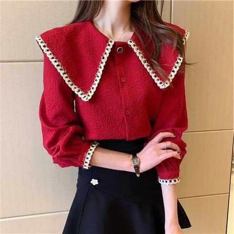 Long-sleeved shirt women's top clothing spring and autumn 2024 new women's clothing small fragrance red shirt cardigan doll collar Long-sleeved shirt women's top clothing spring and autumn 2024 new women's clothing small fragrance red shirt cardigan doll collar