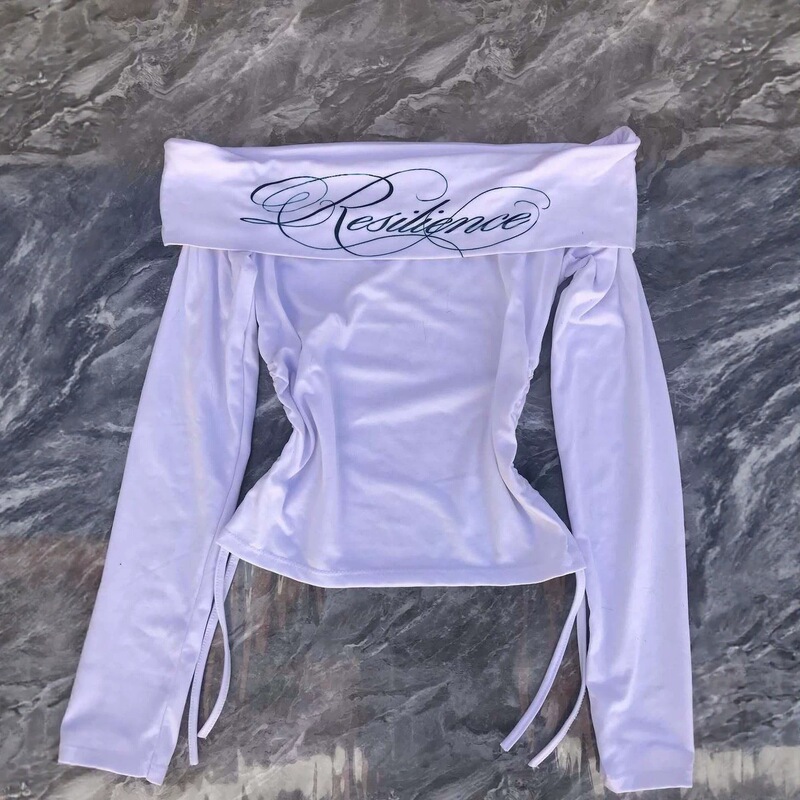 Korean Style Spicy Girl Off-Shoulder Top for Women, Spring and Autumn Slim Fit Waist-Cinching Drawstring Letter Print Long-Sleeve Base Shirt Korean Style Spicy Girl Off-Shoulder Top for Women, Spring and Autumn Slim Fit Waist-Cinching Drawstring Letter Print Long-Sleeve Base Shirt