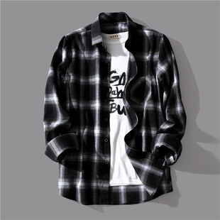 Autumn Japanese style black and white plaid long-sleeved shirt men's design sense small Zhongfu Gugang style loose shirt all-matching coat