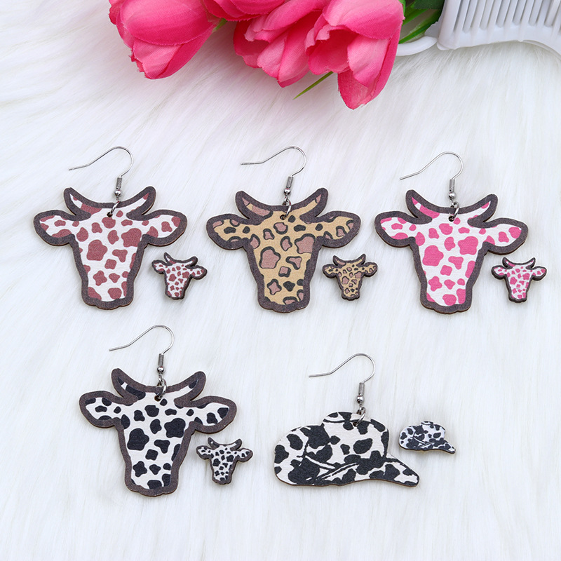 Casual Simple Style Cow Pattern Cattle Wood Printing Women's Drop Earrings Ear Studs display picture 4