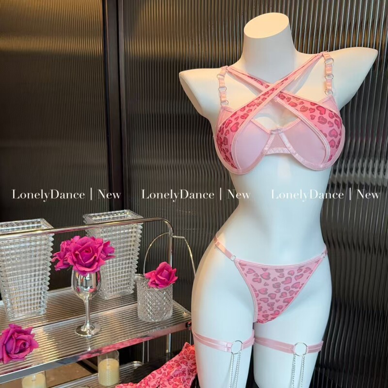 Pink Leopard Print Metal Chain Sexy Lingerie Set with Gloves and Leg Rings Valentine's Day Gift Cross-Border Hot Spot