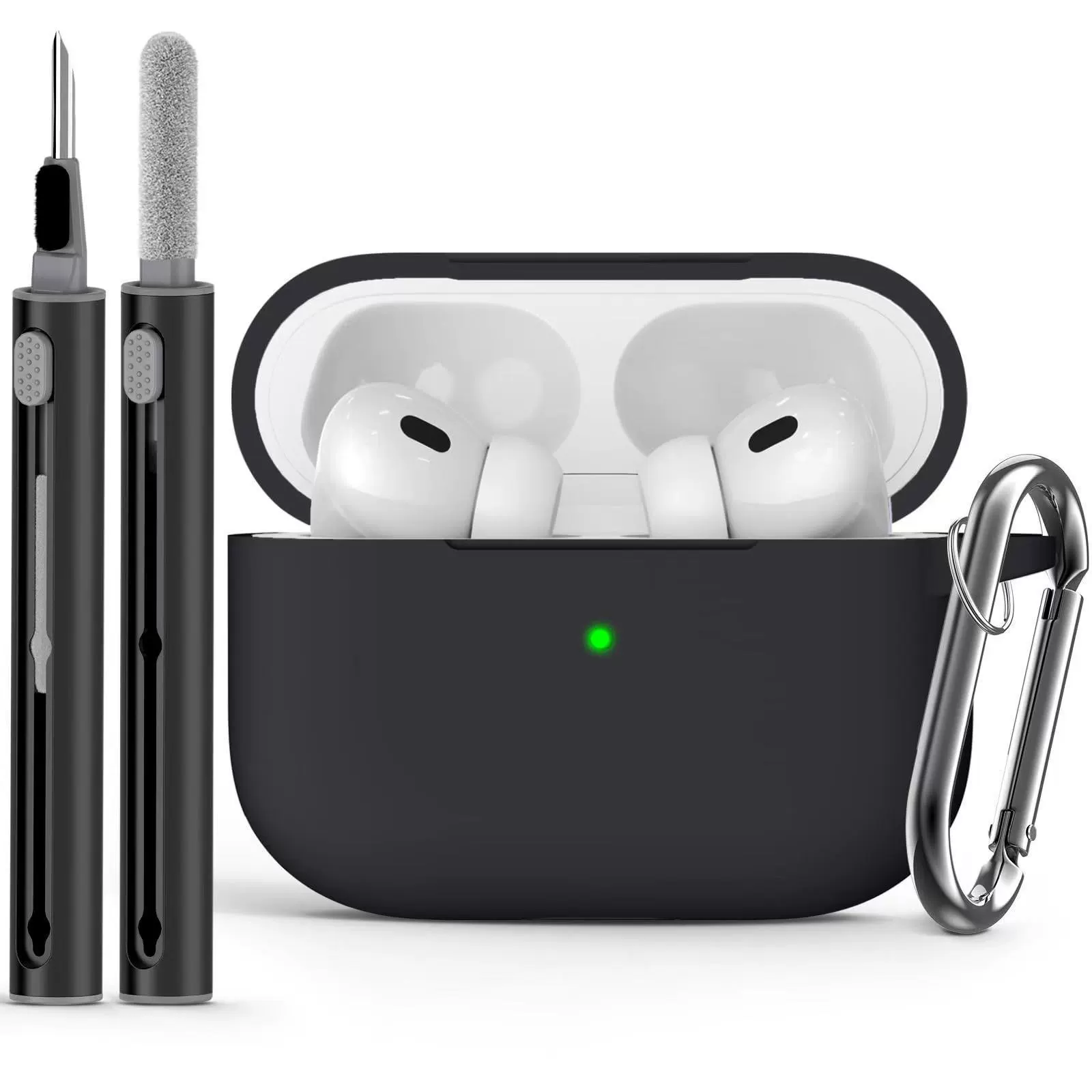 Защитный чехол (совместим с Apple AirPods) с однотонным карабином и чистящей палочкой, лёгкий
