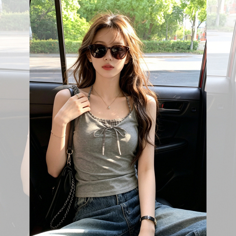 여성 여름 체크 캐미솔 나시 프릴 페이크 레이어드 이너 탑
