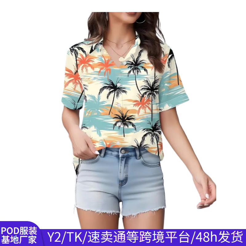Amazon Cross-Border Shirt for Women, Hawaiian Style Coconut Tree Print Short-Sleeved Shirt, Vacation Casual Loose Lapel Women's Clothing Amazon Cross-Border Shirt for Women, Hawaiian Style Coconut Tree Print Short-Sleeved Shirt, Vacation Casual Loose Lapel Women's Clothing