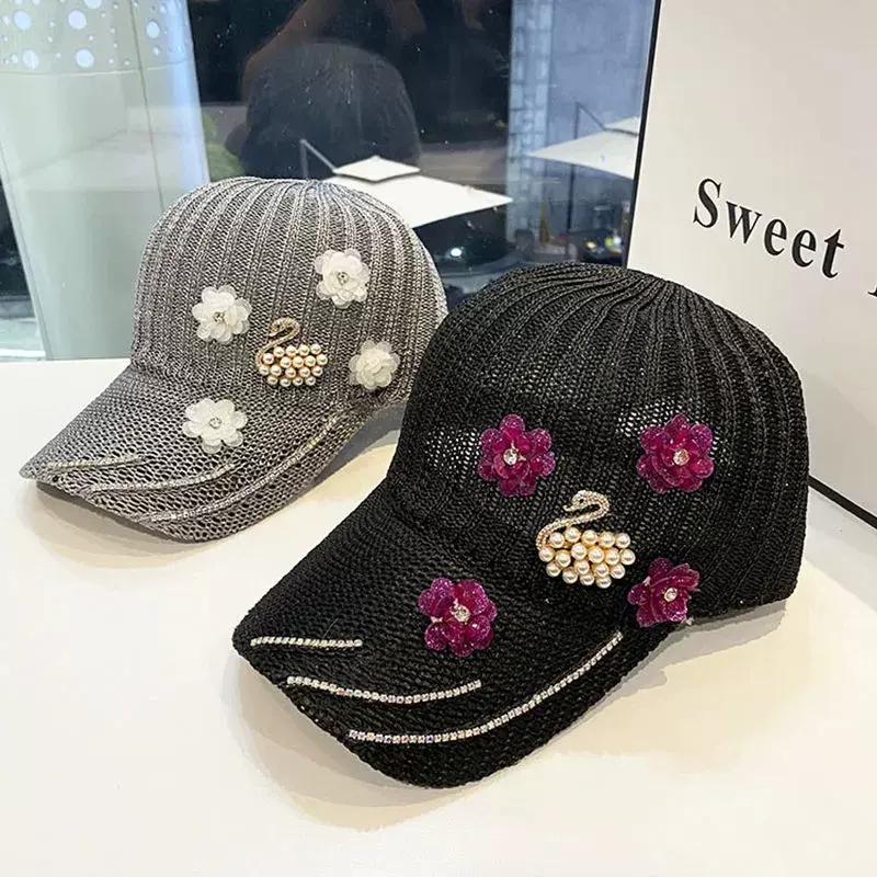 针织遮阳帽子女韩版珍珠天鹅花朵烫钻棒球帽夏季户外百搭鸭舌凉帽