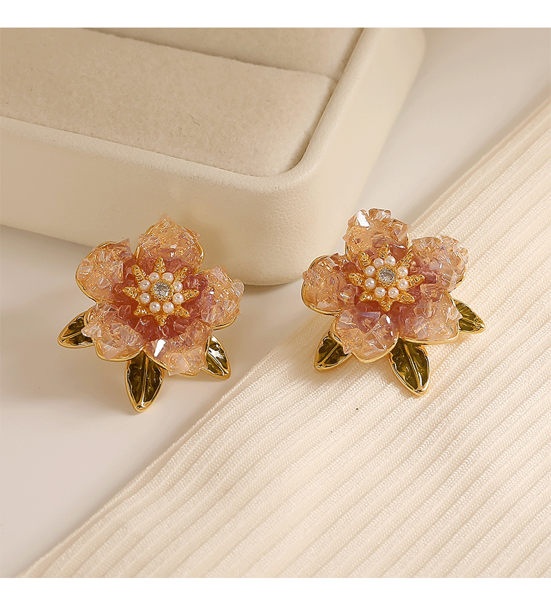 1 Pair Sweet Flower Enamel Plating Inlay Copper Artificial Pearls Crystal 14k Gold Plated Ear Studs display picture 5