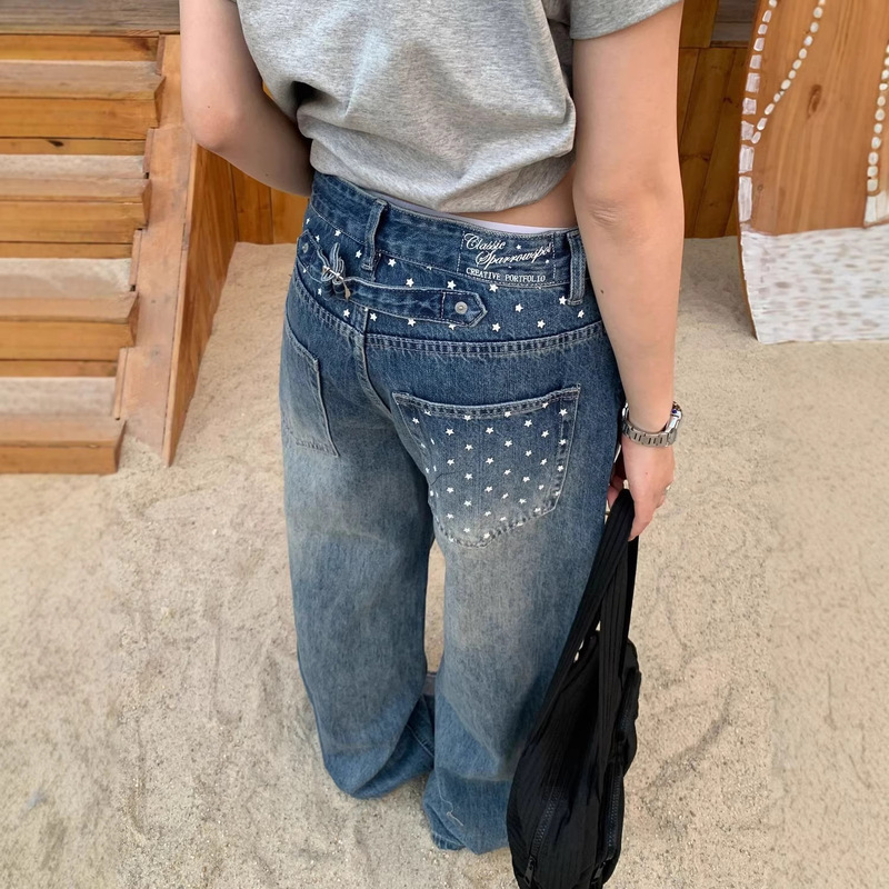Plus-Size American-Style Star-Printed Washed Wide-Leg Jeans for Women, Spring Trendy Drapey Versatile Straight-Leg Floor-Length Pants