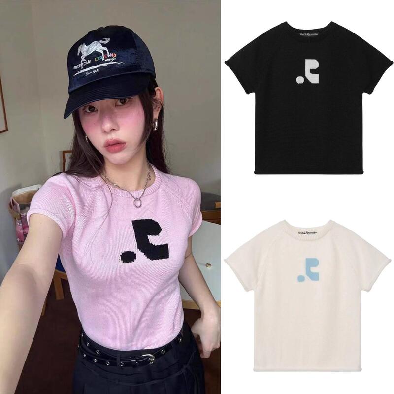 Korean Trendy Brand Jacquard Rolled-Edge Short-Sleeve Knit Top for Women, Slim-Fit Short T-Shirt for Summer Korean Trendy Brand Jacquard Rolled-Edge Short-Sleeve Knit Top for Women, Slim-Fit Short T-Shirt for Summer