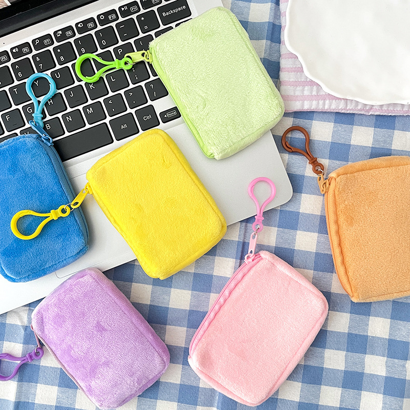 Simple Mini Plush Square Coin Purse Student Headset Storage Bag Hangable Keychain Schoolbag Pendant Card Bag