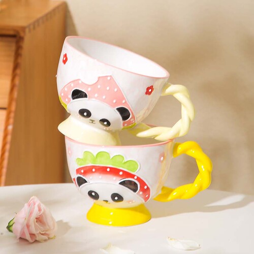 Hand-painted Relief Ceramic Cup Breakfast Cup Creative Mugs Cartoon Cute Milk Cup Oat Milk Home Use Cups
