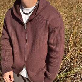 秋冬款复古流行慵懒风双向拉链休闲宽松廓形连帽针织衫毛衣男外套