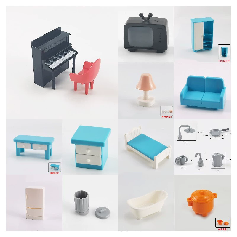 Аксессуары для строительных блоков с крупными частицами, предметы интерьера, тумбы под телевизор, чайники, кастрюли, модели диванов для фортепиано, игровой домик.