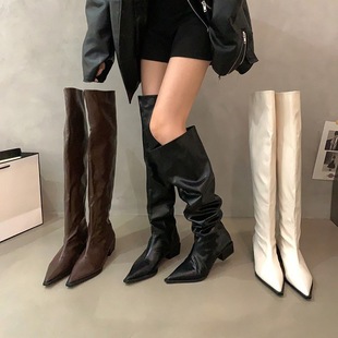 Thick Heel Black Over-The-Knee Pile Long Boots Women's Shoes 2025 New Autumn and Winter Pointed Toe Slim Knight Boots
