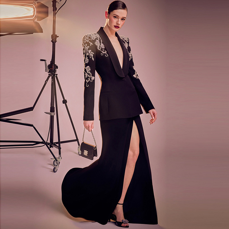 Women's Clothing Spot 2024 new star fashion heavy diamond beaded suit jacket slit fishtail long skirt_voghion.com