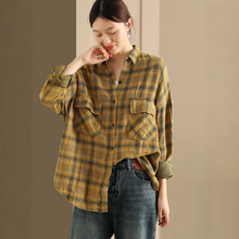秋季新款复古色织格纹衬衫女士文艺棉麻长袖衬衣宽松休闲开衫外套