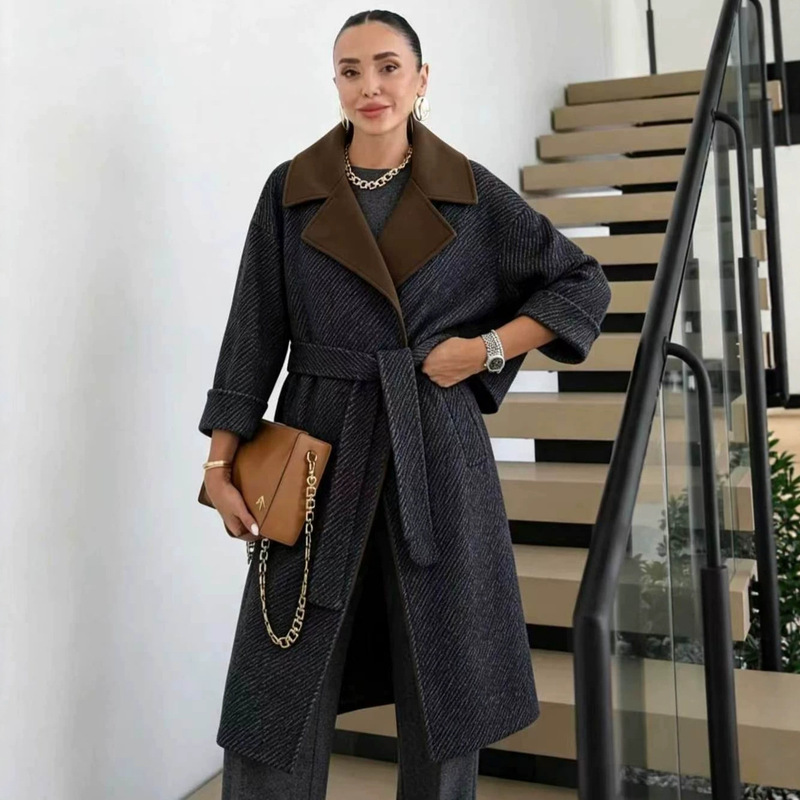 Cross-border foreign trade European and American style women's clothing ZA elegant Korean version striped lapel thick woolen coat Cross-border foreign trade European and American style women's clothing ZA elegant Korean version striped lapel thick woolen coat