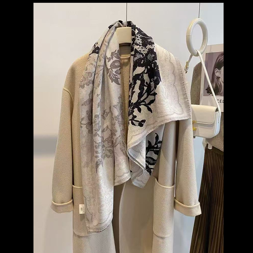 100% Mulberry Silk 110cm French Lace Floral Square Scarf For Women, Summer Lightweight Handmade Silk Scarf - Thumbnail 2