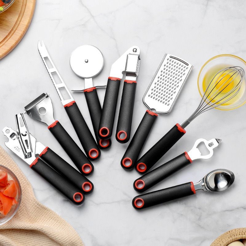 Contrast Color Handle Small Kitchen Utensils 9-Piece Set Peeler Pizza Knife Melon Grater Egg Beater Combination Kitchen Gadgets