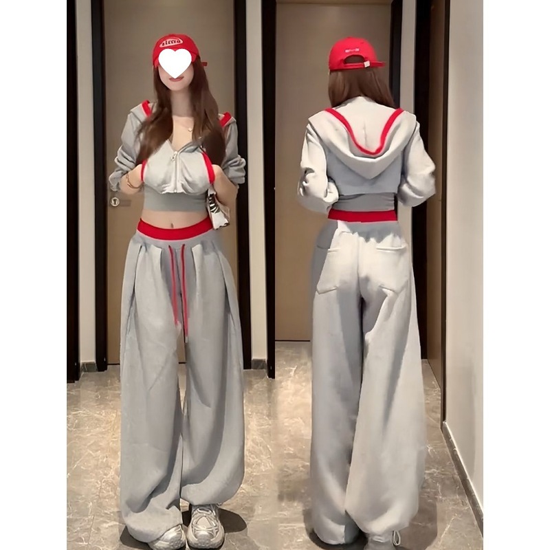 休闲时尚运动套装女早秋拼色大兜帽短款卫衣抽绳宽松阔腿裤两件套|undefined