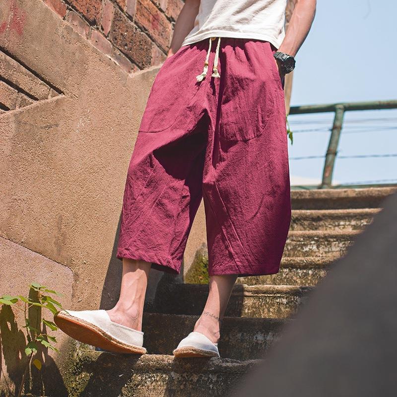 Pantalón ancho de elefante tailandés, bombachos, marca de moda para hombre, pantalones cortos de lino sueltos de gran tamaño, pantalones cortos, entrepierna grande, pantalones de playa, verano