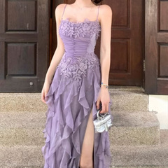 爱神仙子 花朵连衣裙女设计感吊带裙春夏收腰波浪密边裙子