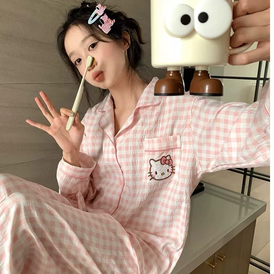 Осенняя милая пижама Hello Kitty, фуксиевая кардиган-стиль, различные принты, размеры M–XXL