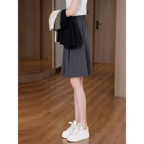 Relaxed 5.5-inch Full-Length Skirt Pants for Women - Summer Plus Size for Chubby Mm - Elastic High-Waist Slimming Sheer Ice Silk Quick-Dry Wide Leg Shorts