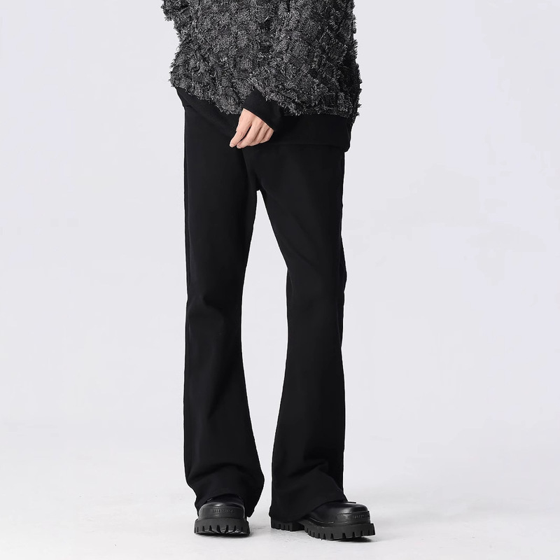 Black Micro-Flared Straight Jeans for Men Fleece-Lined Autumn and Winter American Casual Cleanfit Flared Trousers