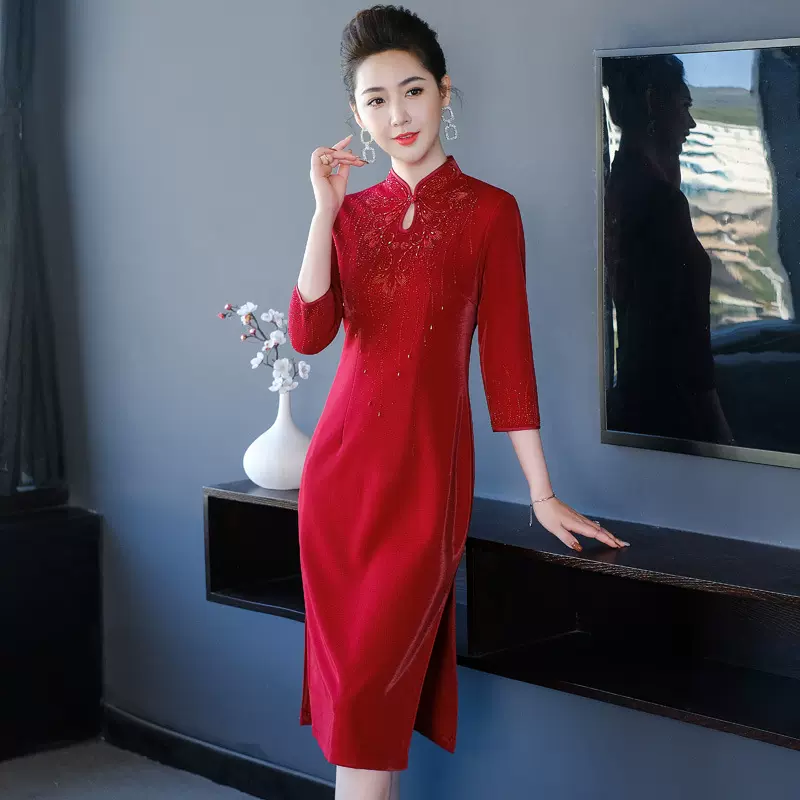 一件代发亮丝立领连衣裙中长款2025春季新款妈妈装