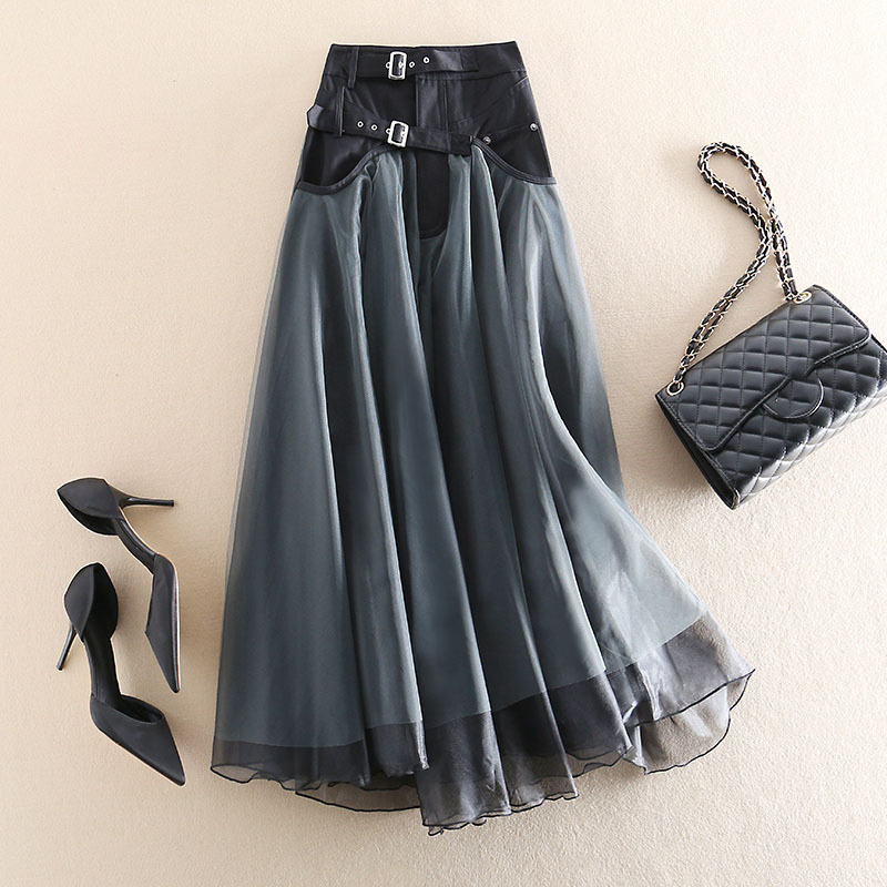 Brand discount clearance counter autumn and winter new fashion all-match stitching mesh high waist fairy mid-length skirt