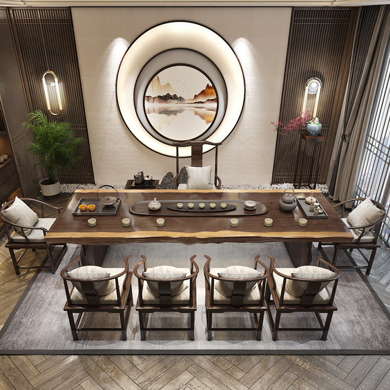 Household Original Ecological Solid Wood Large Board Tea Table Simple Executive Desk Living Room Tea Table Office Tea Table Tea Table and Chair Combination