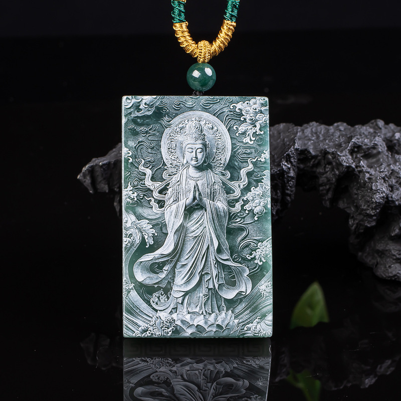Authentic Jadeite A-Grade Guanyin Bamboo Forest Brand Blue Water Double-Sided Fine Craft Shadow Carving Exquisite Jade Pendant Jewelry Wholesale