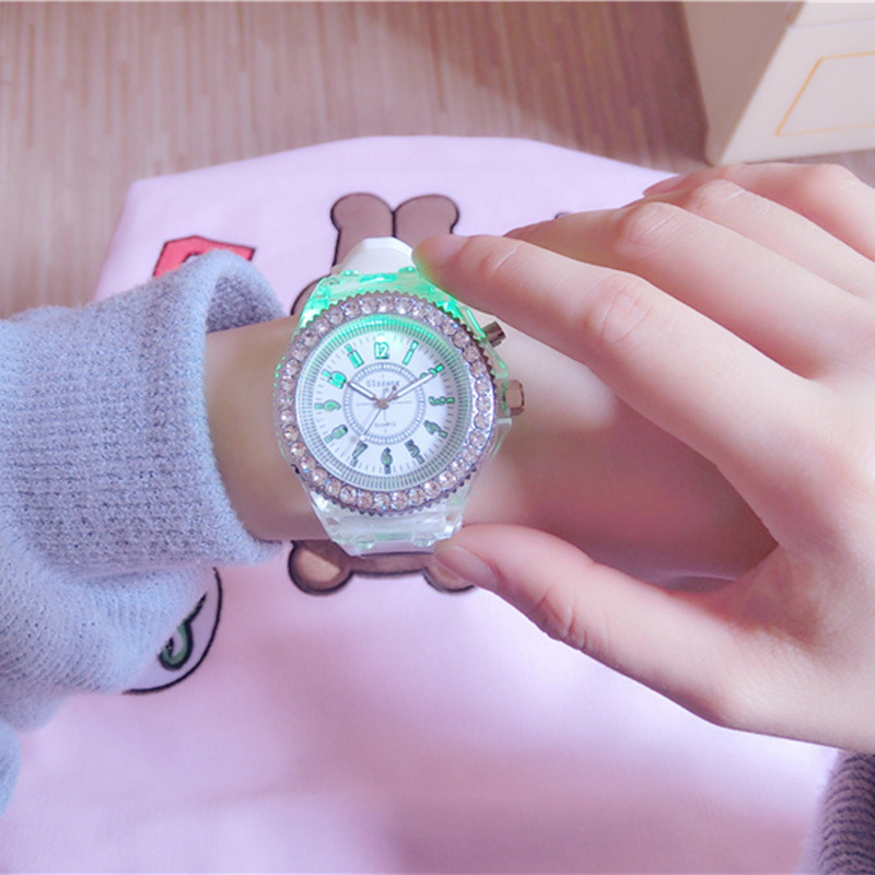 Luminous luminous personality rhinestone led Harajuku Korean fashion trend men and women students couple jelly quartz watch_voghion.com