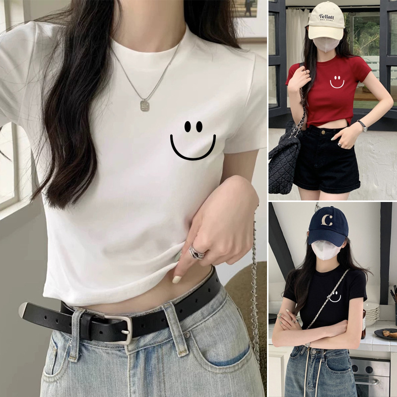 Combed Cotton T-Shirt for Women, High-Waisted Short Style, Slim-Fit, Unique Design, Versatile for Layering or Wearing Alone, Regular Shoulder Short-Sleeve Base Shirt