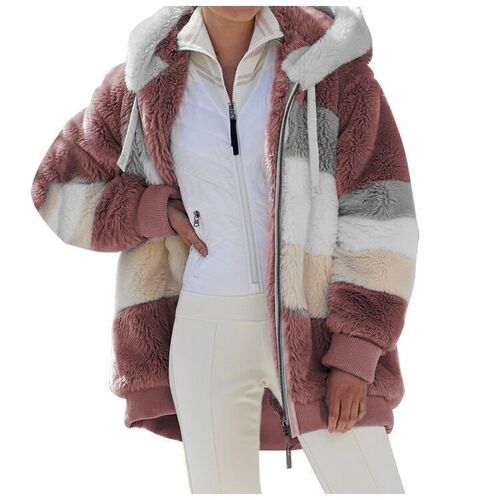 2025 Fall/Winter Warm Fleece Patchwork Zipper-Pocket Hooded Loose-Fit Coat for Women