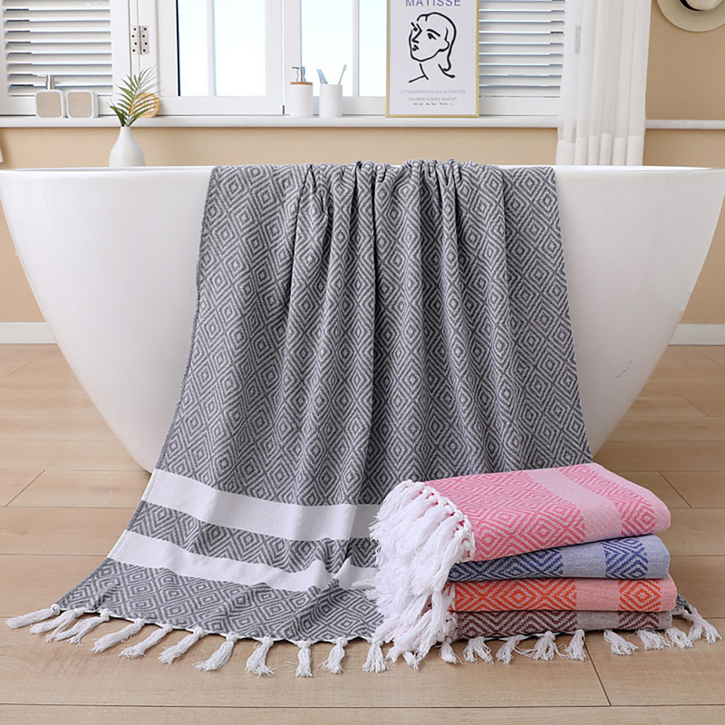 Diamond-shaped Yarn-dyed Turkish Beach Towel Cross-border Cotton Tassel Bath Towel Turkish Towel Beach Sunscreen Shawl Diamond-shaped Yarn-dyed Turkish Beach Towel Cross-border Cotton Tassel Bath Towel Turkish Towel Beach Sunscreen Shawl