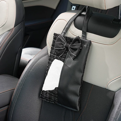 Tissue Bag Fashion Goddess – Car tissue box/set - plush-small-chanel-style-hanging-tissue-smoke-black-paste-black-bow