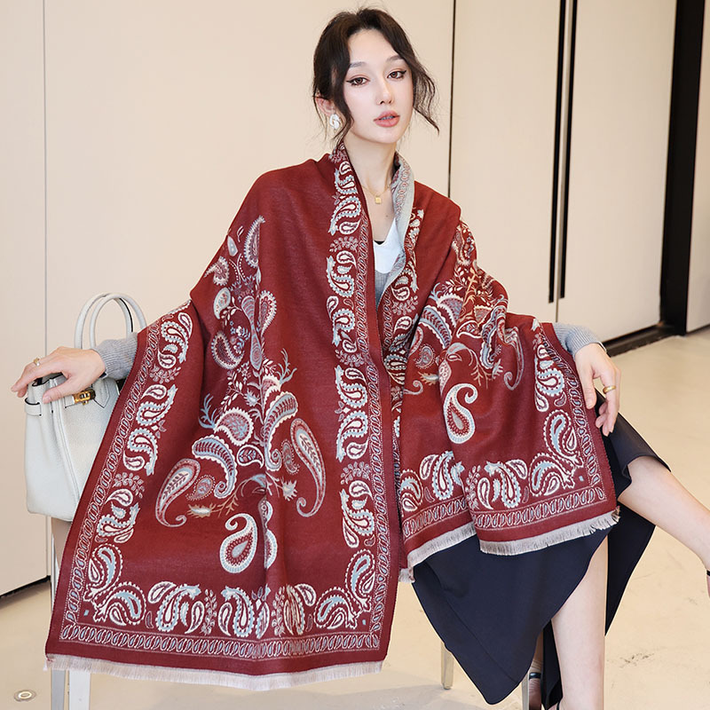 秋冬空调披肩提花仿羊绒围巾女外搭两用韩版气质长款流苏双面围脖|undefined