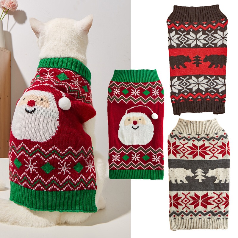Cross-border hot-selling knitted pet clothes snowflake snowman fur ball polar bear Christmas tree Printed Lapel dog sweater
