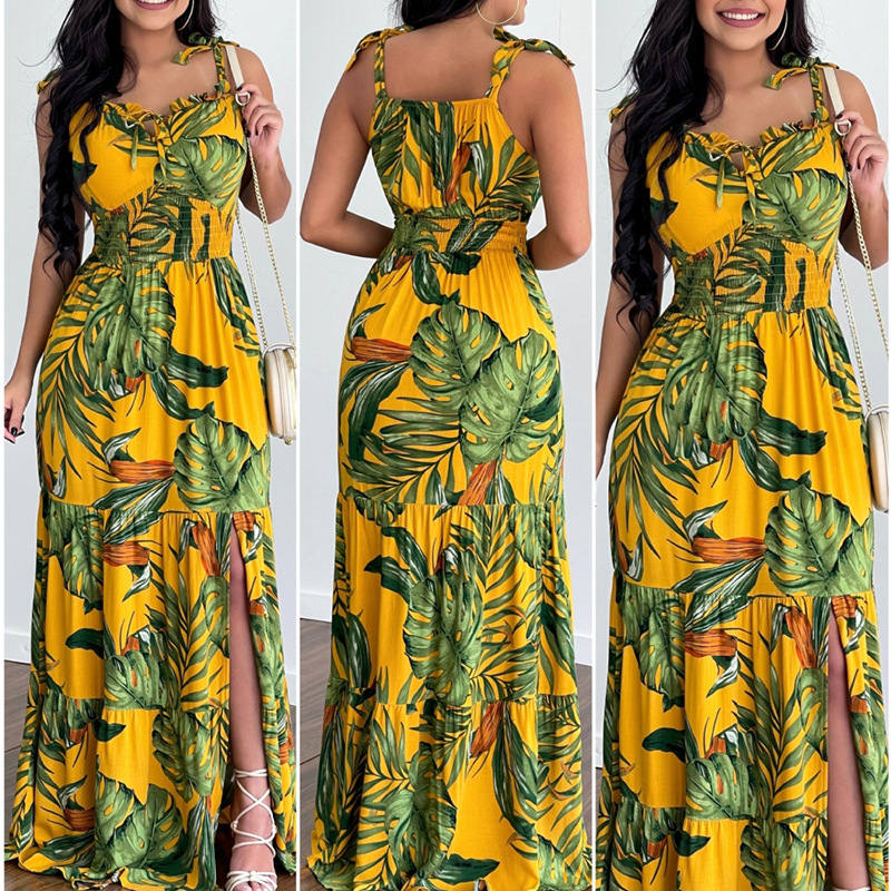 Hawaiian Leaves U Neck Sleeveless Printing Polyester Dresses Maxi Long Dress Strap Dress display picture 1