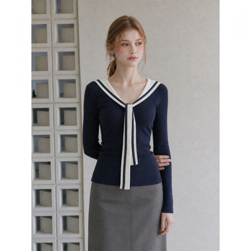 Forever College Style Navy Tie-Neck Long Sleeve T-Shirt for Women, Autumn Slim-Fit Design Top