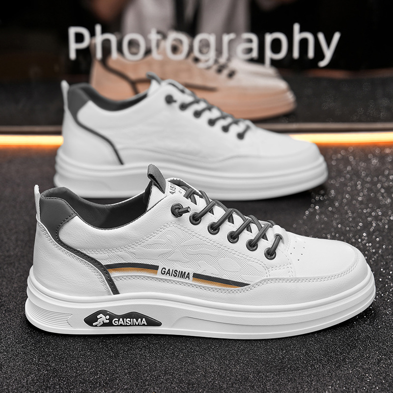 2025 primavera nuevo zapato de skate impermeable de cuero de un pie con suela suave aumentando la altura de los zapatos blancos casuales de moda estudiantiles