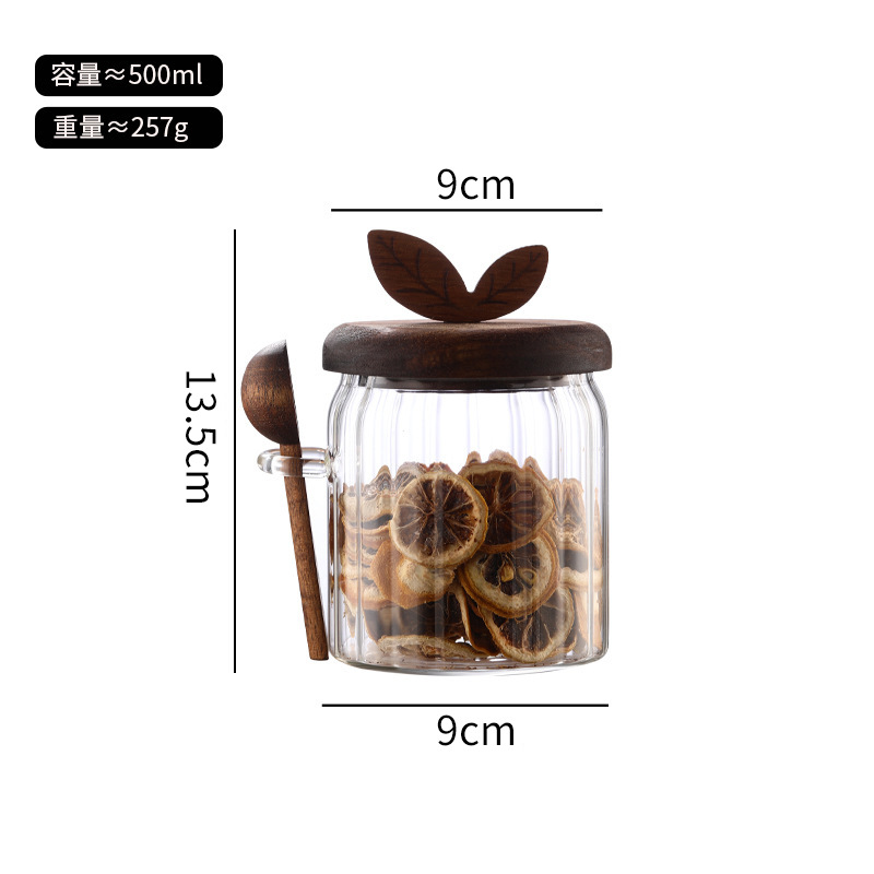 Cocina doméstica vidrio transparente sellado tanque con cuchara Acacia cubierta de madera de té tanque de almacenamiento a prueba de humedad condimento tanque de almacenamiento