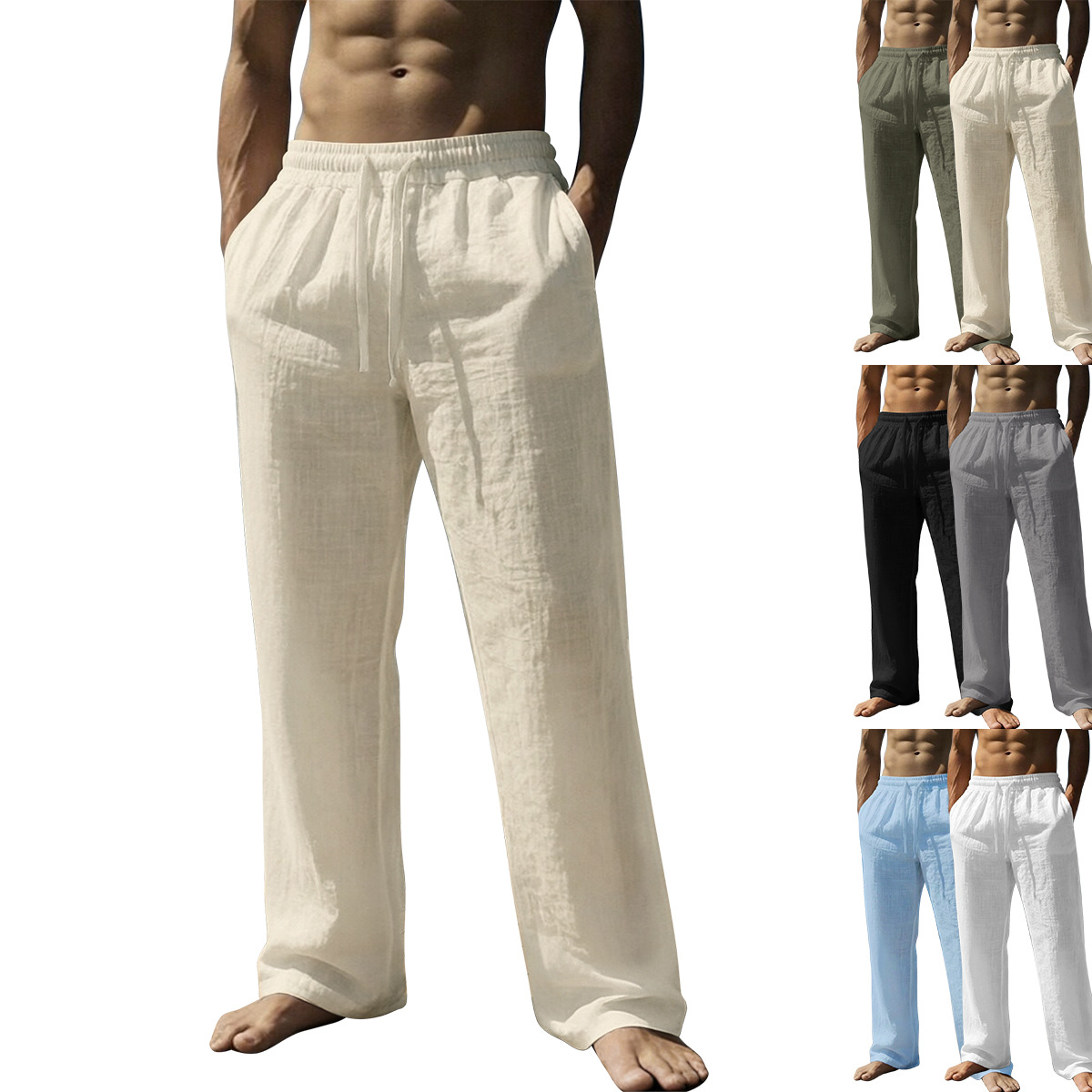 Cross-Border Thin American-Style Loose Casual Short-Sleeved Linen Straight-Leg Pants Vacation Men's Solid Color Versatile Beach Trousers