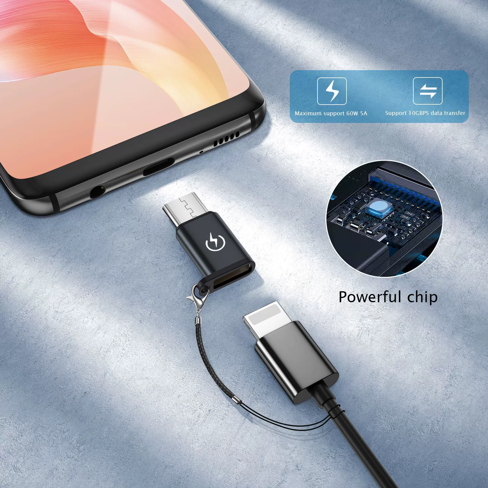 Адаптер Type-C (штекер) на Lightning (гнездо) с шнурком, переходник USB-C на Lightning