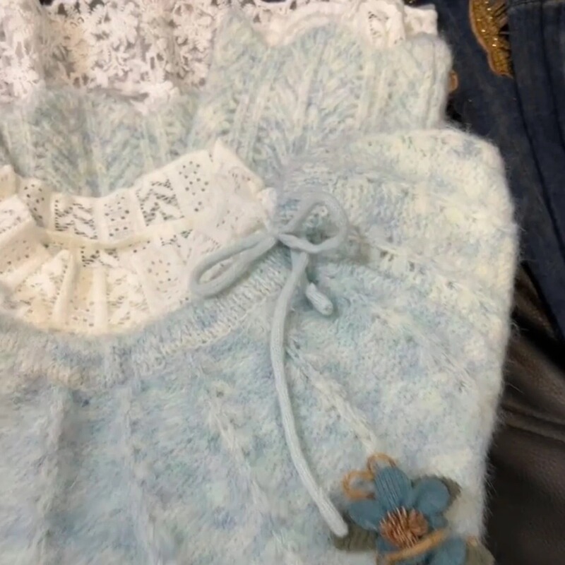 韩版套头圆领蝴蝶结蓝色针织衫女春秋新款软糯奶fufu洋气减龄上衣|undefined