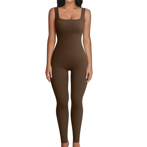 European and American Style Multi-Color Sexy Sleeveless Yoga Jumpsuit for Women, Square Neckline Tummy Control Hip-Lifting High Elastic One-Piece Bodysuit