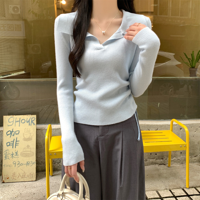 法式polo领抽绳针织衫女秋季小众轻熟风正肩收褶毛衣内搭打底上衣|undefined