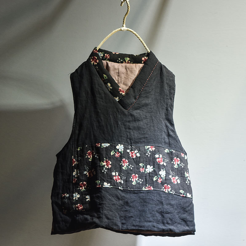Green Branch/original cotton and linen women's linen patchwork V-neck plus cotton Women's vest artistic retro small floral cotton vest