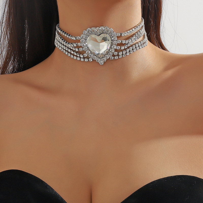 Heart Crystal Choker Necklace Multi-layer Statement Jewellery_voghion.com